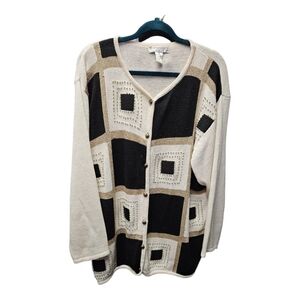 Vintage Dressbarn Black and Cream Geometric Cardigan